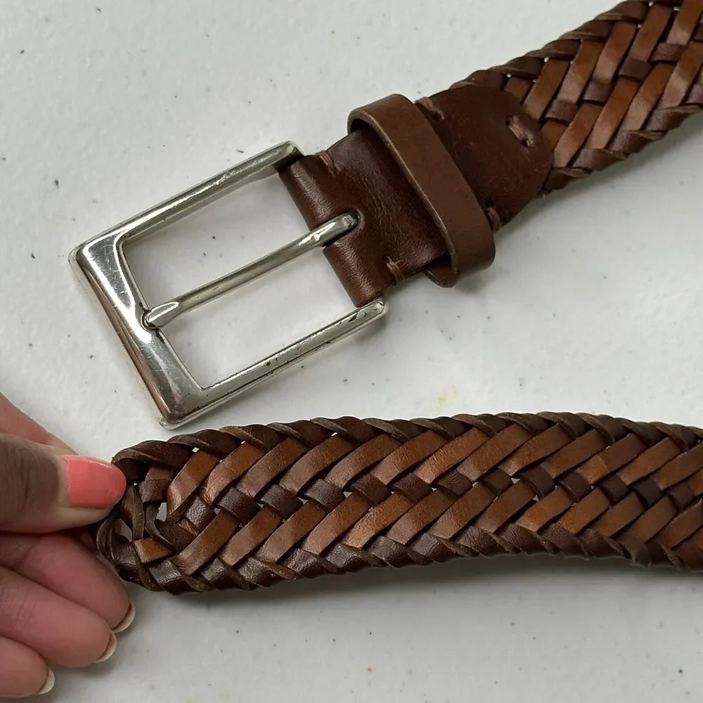 John W Nordstrom Dress Belt Mens 38 Brown Woven Leather Silver Brass Buckle - Picture 8 of 8